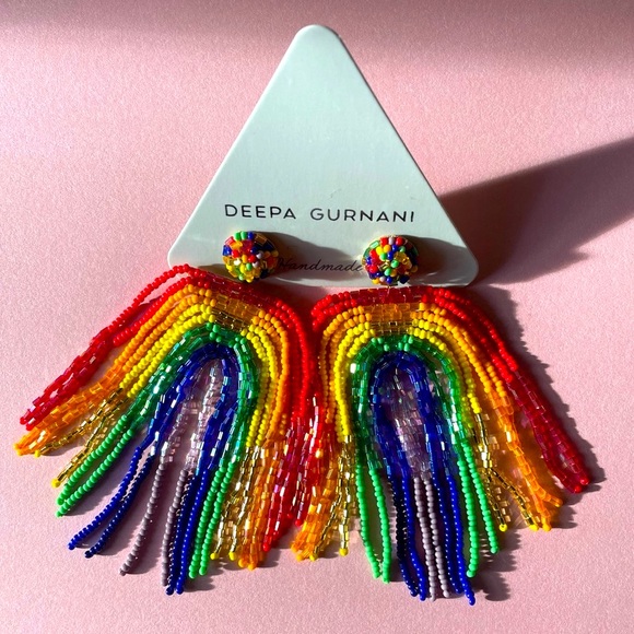 Rainbow Statement Earrings Deepa Gurnani Anthropologie Beaded Fringe - Picture 7 of 16